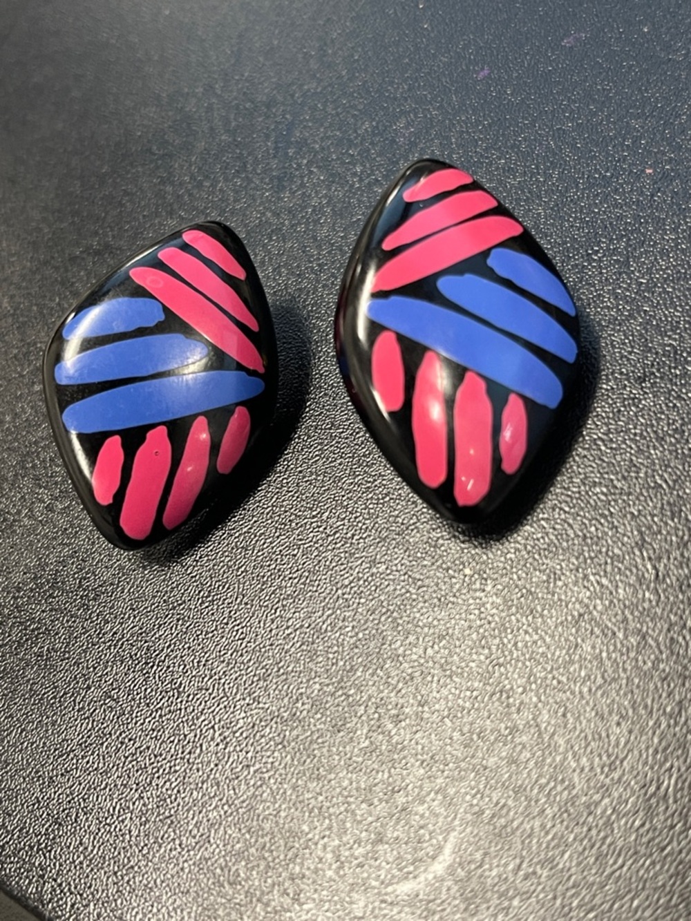 Retro Black Earrings with Pink & Blue Stripe Design-D4